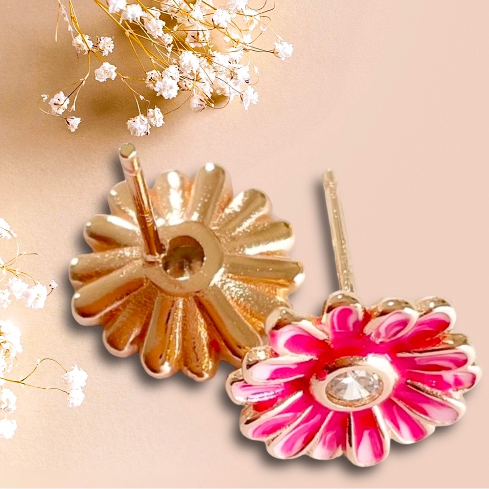 PINK DAISY EARRINGS W/CZ CENTER! SILVER ROSE GOLD PLATED, .925 STAMPED! - Picture 3 of 13